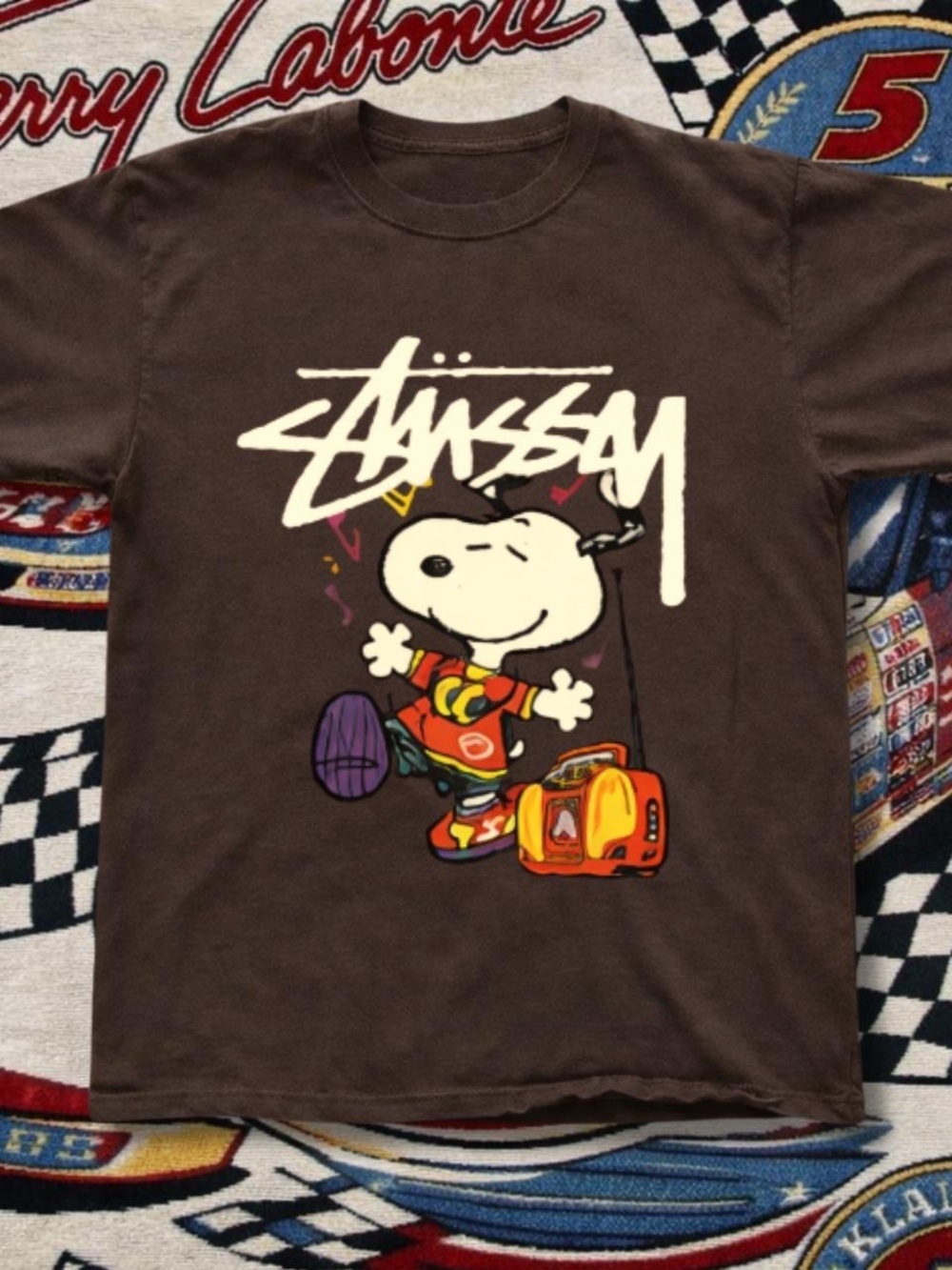 Gildan Brown Stussy x Snoopy Graphic Tee with Multicolor Artwork